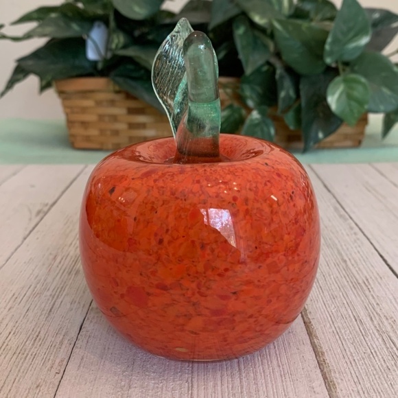 Orange Art Glass Weighted Apple Paperweight With Clear Green Stem Leaf 4 1/2” T - Picture 7 of 15